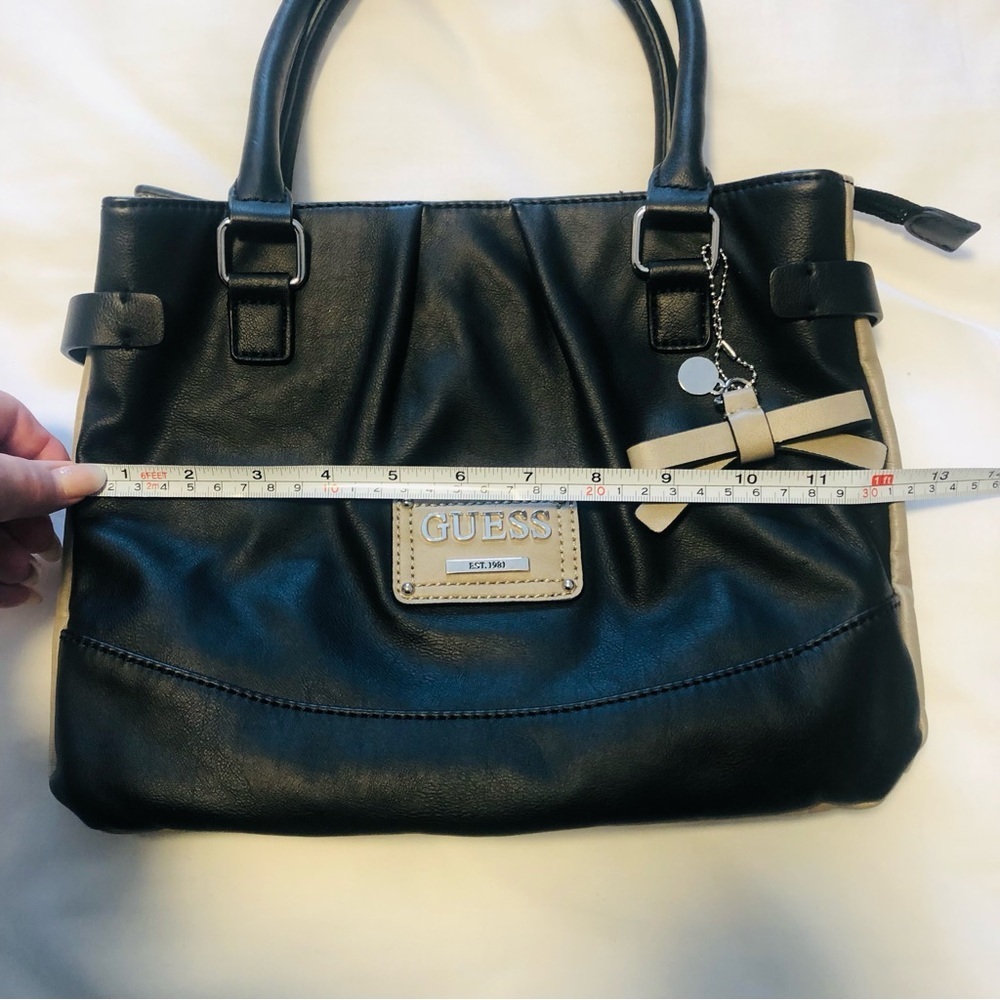 Guess Black and Tan Satchel , DividedOrganizer, Logo Tag Bow purse charm - Picture 8 of 11